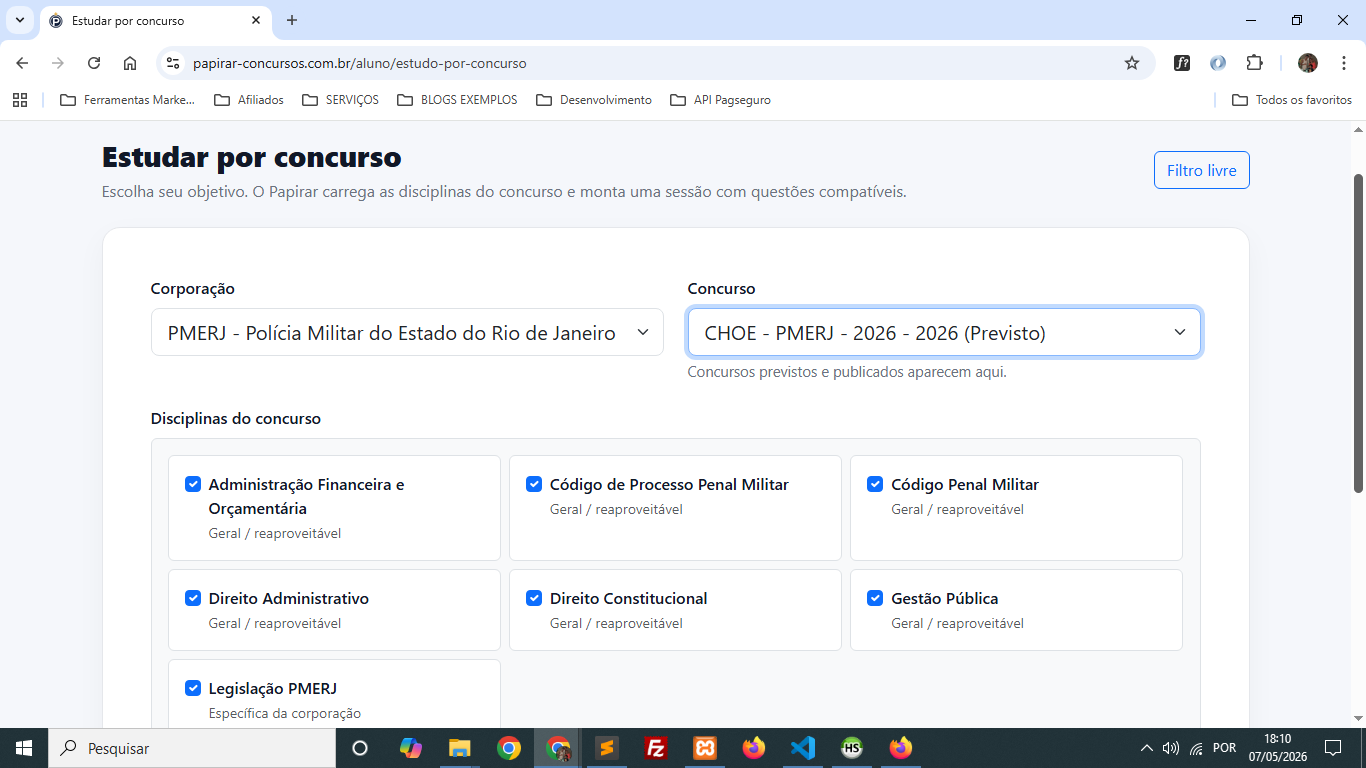 Tela do sistema Papirar com área de estudos